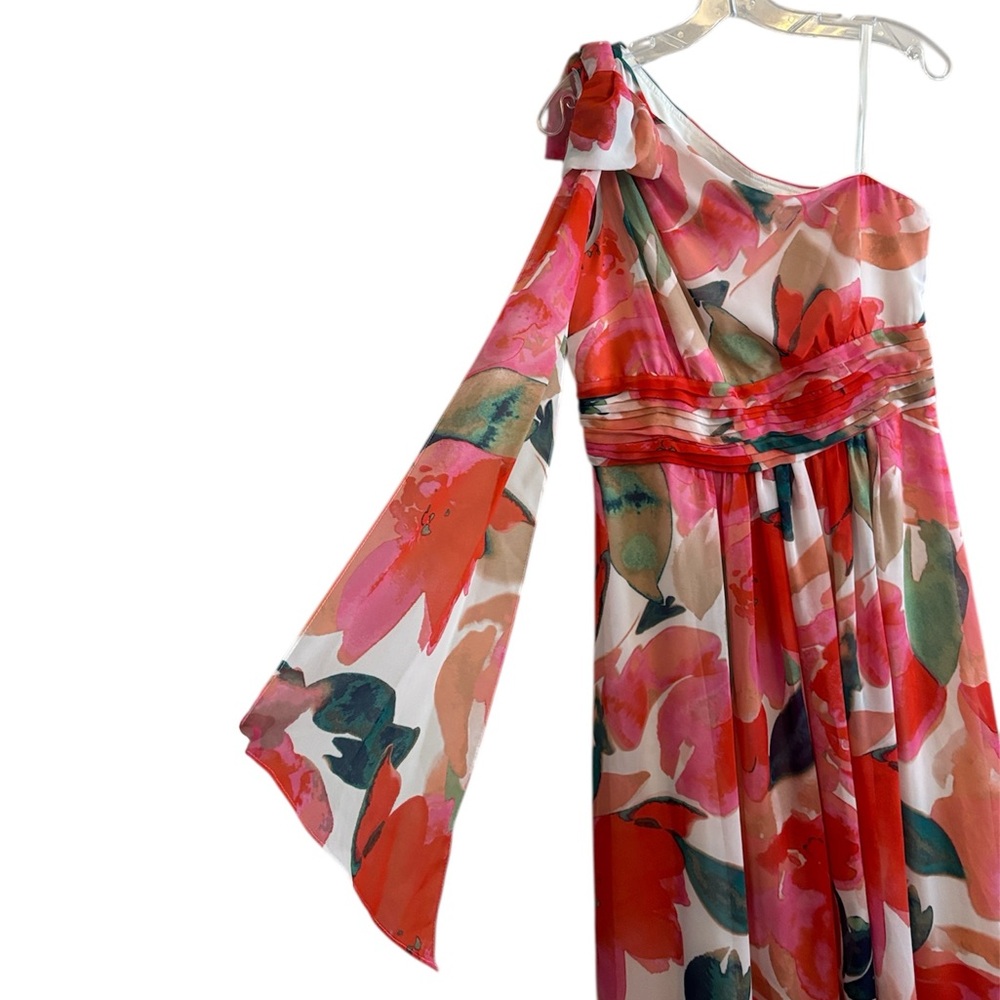 Eliza J Vibrant Multicolor Floral Print Lined Sz 10 One Shoulder Bow Detail - Picture 4 of 13